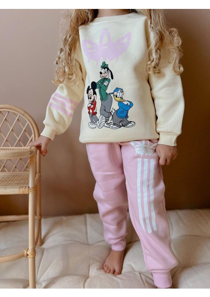 Minnie Mouse Baskılı Eşofman-Sweatshirt 3 Iplik Şardonlu Kışlık Kız Çocuk Takım