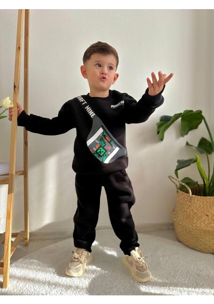 Çanta Desenli Minecraft Baskılı Eşofman-Sweatshirt 3 Iplik Şardonlu Kışlık Erkek Çocuk Takım