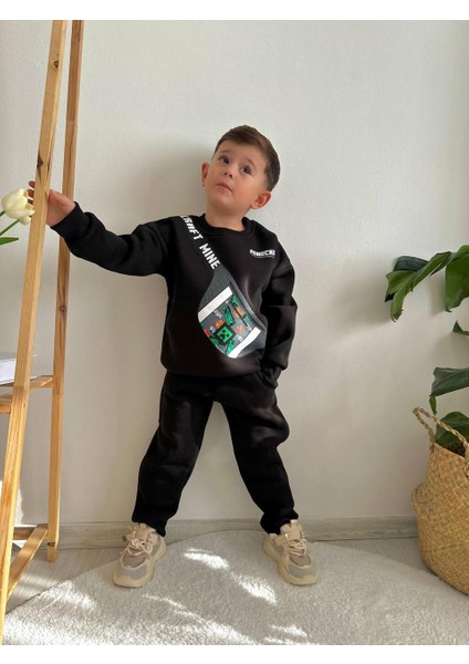 Çanta Desenli Minecraft Baskılı Eşofman-Sweatshirt 3 Iplik Şardonlu Kışlık Erkek Çocuk Takım fiyatları