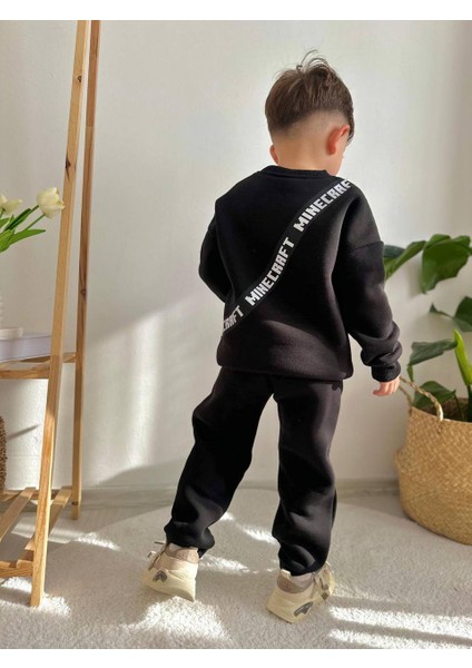 Çanta Desenli Minecraft Baskılı Eşofman-Sweatshirt 3 Iplik Şardonlu Kışlık Erkek Çocuk Takım modelleri