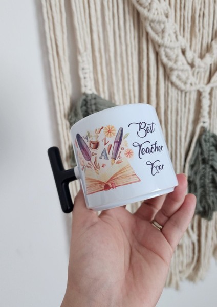 Öğretmenler Için Kitap Kalem Desenli Best Teacher Ever Yazılı Porselen T Kupa Bardak Latte Fincanı
