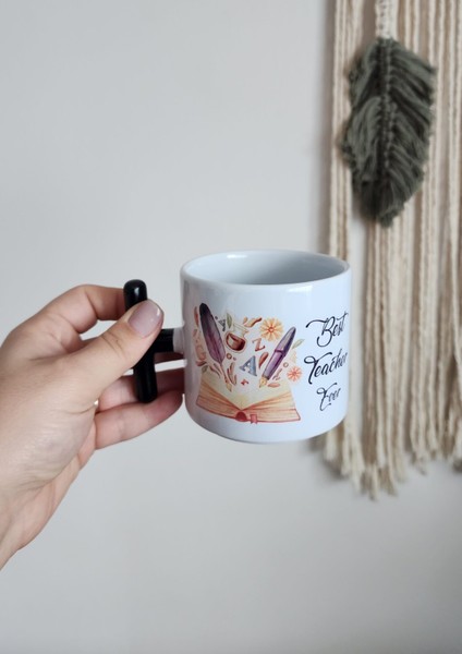 Öğretmenler Için Kitap Kalem Desenli Best Teacher Ever Yazılı Porselen T Kupa Bardak Latte Fincanı