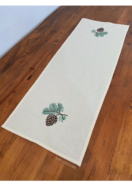 Yılbaşı Kozalak Nakışlı Ham Keten Runner Pamuk 40 x 100 cm