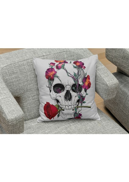 Skull And Roses Desenlı Kare Yastık Kılıfı