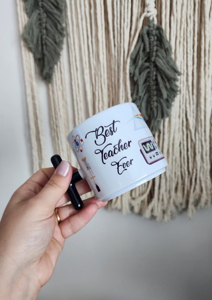 Öğretmenler Için Renkli Fizik Temalı Best Teacher Ever Yazılı Porselen T Kupa Bardak Latte Fincanı