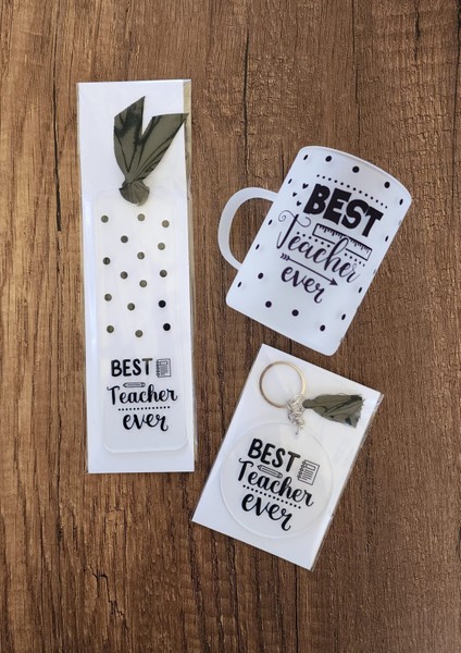Öğretmenler Için Siyah Puantiyeli Best Teacher Ever Yazılı Çay Fincanı Kitap Ayracı Anahtarlık Set
