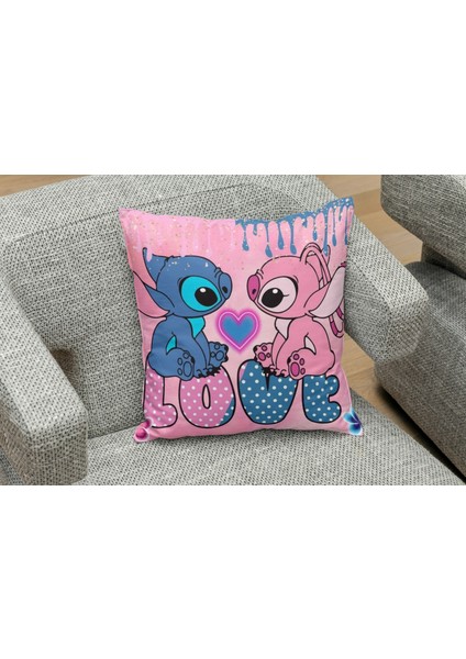 Stitch ve Lilo Love Desenlı Kare Yastık Kılıfı