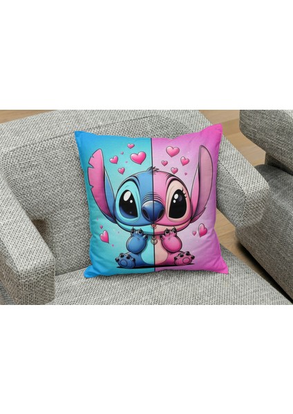 Stitch ve Lilo Desenlı Kare Yastık Kılıfı
