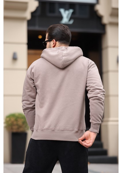 İçi Peluş Üç İplik Kumaş Oversize Fermuarlı Kapüşonlu Sweatshirt- Bej