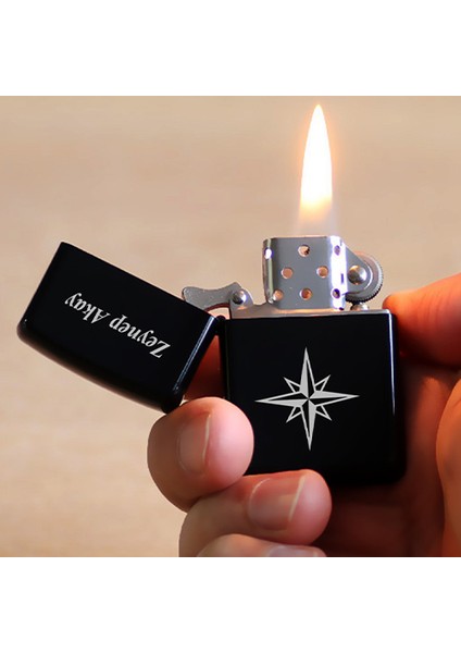 Kişiye Özel Isimli Benzinli Siyah Zippo Çakmak - Kutup Yıldızı Baskılı
