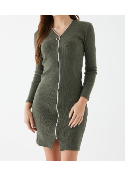 Haki Fermuar Detaylı Triko Mini Elbise
