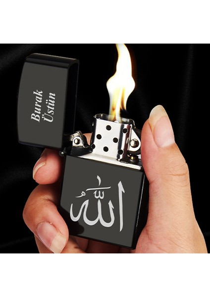 Kişiye Özel Isimli Benzinli Siyah Zippo Çakmak - Arapça Allah Yazısı