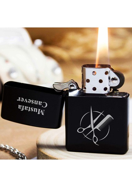 Kişiye Özel Isimli Benzinli Siyah Zippo Çakmak - Berber Kuaför Baskılı