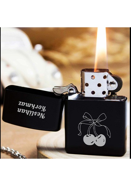 Kişiye Özel Isimli Benzinli Siyah Zippo Çakmak - Kiraz Vişne Baskılı