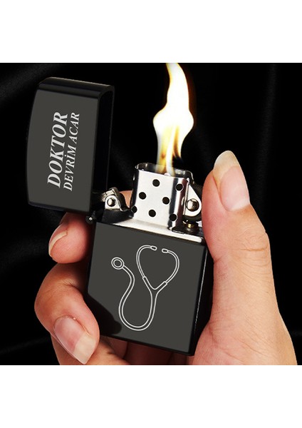Kişiye Özel Isimli Benzinli Siyah Zippo Çakmak - Doktor Hemşire Steteskop Baskılı