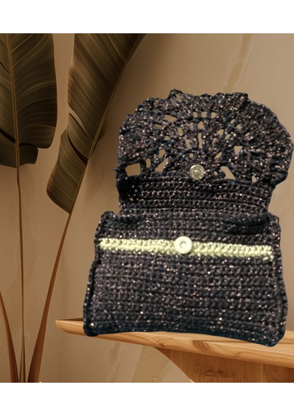 Müjde Home & Butik Çanta Simli Clutch Kapaklı El Yapım Örgü