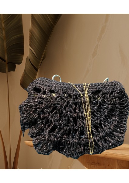 Müjde Home & Butik Çanta Simli Clutch Kapaklı El Yapım Örgü fiyatları