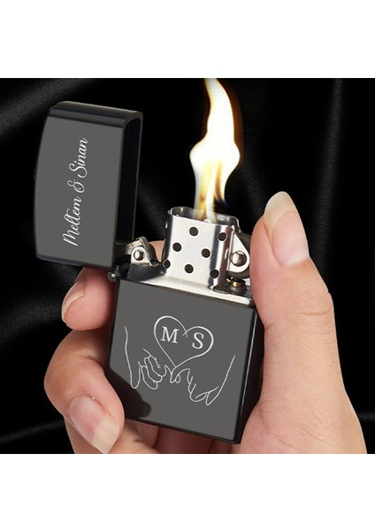 Kişiye Özel Isimli Benzinli Siyah Zippo Çakmak - Sevgili Eş Aşk Kalp Baskılı