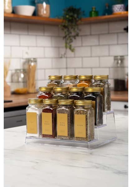 12'li Şeffaf Merdiven Standlı Cam Baharatlık Seti Kapaklı Etiketli Baharatlık Takım