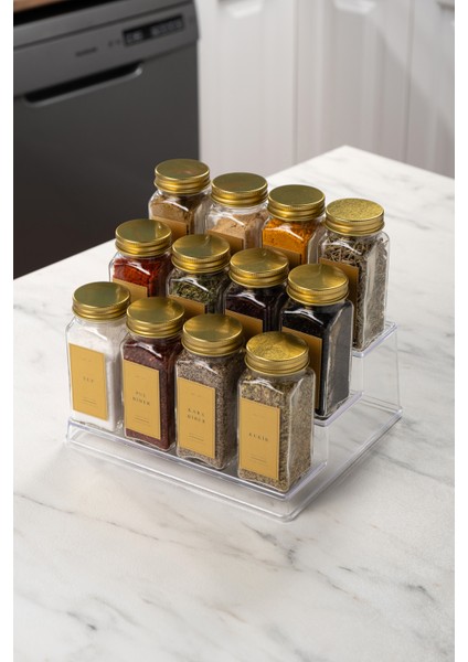 12'li Şeffaf Merdiven Standlı Cam Baharatlık Seti Kapaklı Etiketli Baharatlık Takım fiyatları