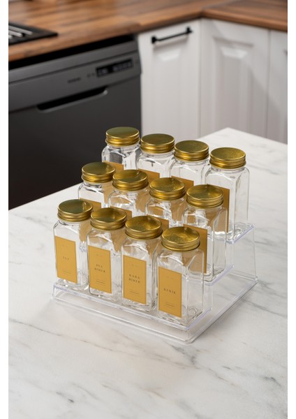 12'li Şeffaf Merdiven Standlı Cam Baharatlık Seti Kapaklı Etiketli Baharatlık Takım modelleri