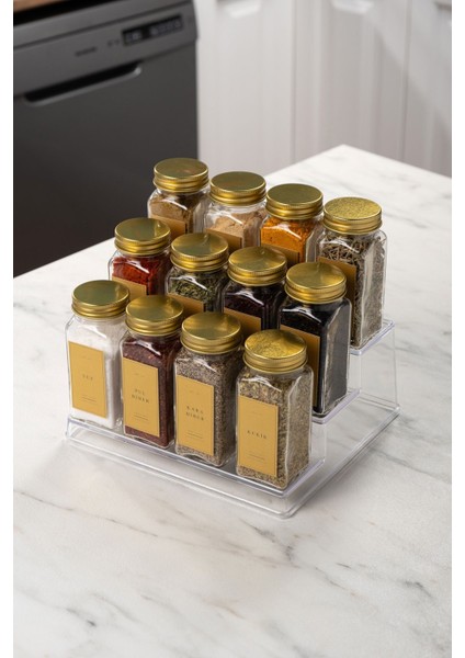 12'li Şeffaf Merdiven Standlı Cam Baharatlık Seti Etiket Fırça ve Huni Hediyeli fiyatları