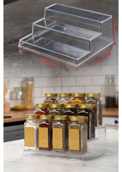 12'li Şeffaf Merdiven Standlı Cam Baharatlık Seti Etiket Fırça ve Huni Hediyeli modelleri