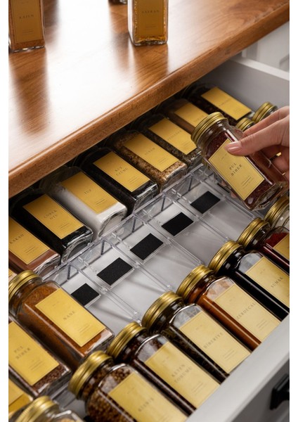 24'lü Şeffaf Lego Standlı Cam Kapaklı Baharatlık Seti Etiket Fırça Huni Hediyeli MH03GLD24F