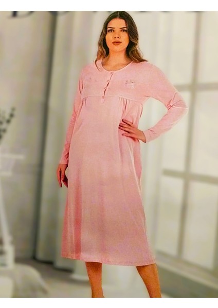 Pamuklu Uzun Kol Gecelik Anne Geceliği Pembe