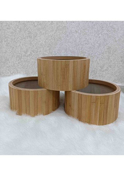 Bambu 3'lü Sepet - Bej Organizer Sepet Seti / Banyo Makyaj Düzenleyici