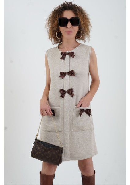 Bej Fiyonk Detaylı Triko Görünümlü Örme Elbise fiyatları