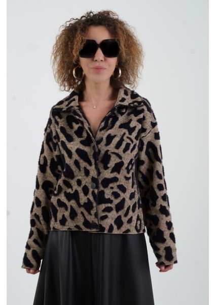 Camel Leopar Desenli Triko Ceket fırsatları