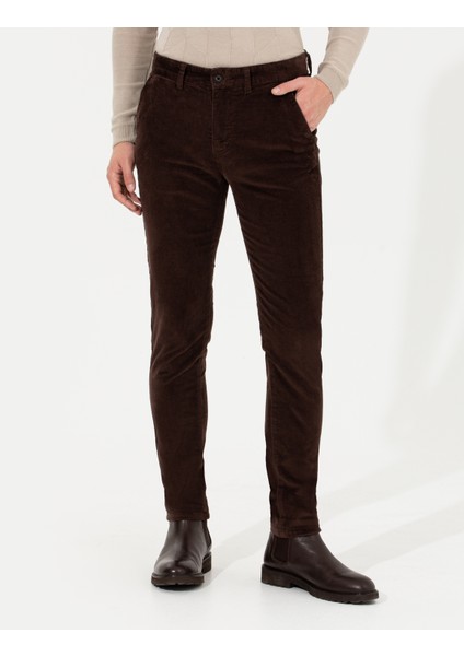 Erkek Koyu Kahverengi Slim Fit Kadife Kanvas Pantolon 50259715-VR084