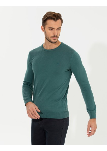 Erkek Yeşil Slim Fit Bisiklet Yaka Basic Triko Kazak 50258993-VR054