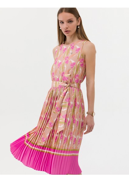 Kadın Fuşya Kuşak Detaylı Pileli Midi Elbise 50269348-VR023 fiyatları