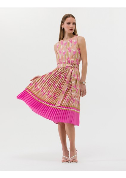 Kadın Fuşya Kuşak Detaylı Pileli Midi Elbise 50269348-VR023 fırsatları
