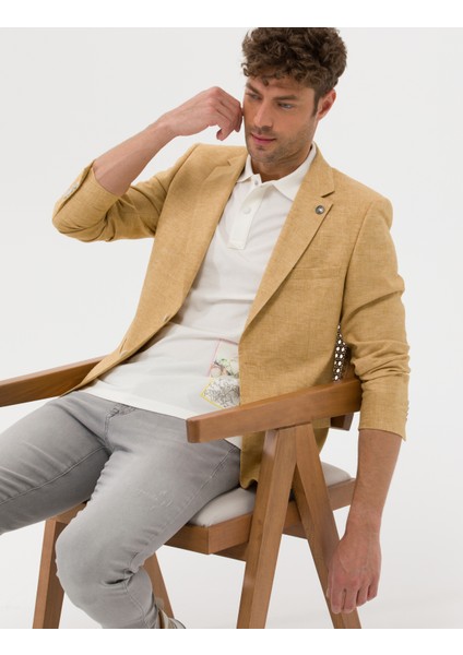 Erkek Sarı Ekstra Slim Fit Keten Karışımlı Blazer Ceket 50264619-VR044