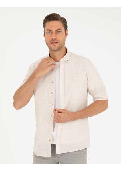 Erkek Bej Slim Fit Keten Görünümlü Gömlek 50252491-VR011