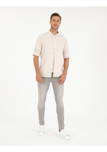 Erkek Bej Slim Fit Keten Görünümlü Gömlek 50252491-VR011 fırsatları