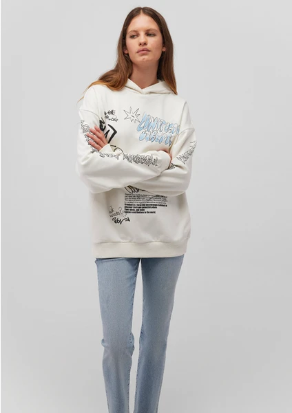 Baskılı Kapüşonlu Beyaz SWEATSHIRT1S10287-80194