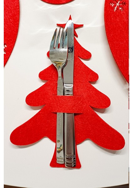 Kırmızı 6'lı Dekoratif Çam Ağacı Kaşıklık - Yılbaşı Dekor, 3mm Keçe