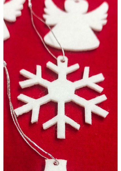 6'lı Beyaz Keçe Yılbaşı Ağacı Süsü - Kardan Adam, Kar Tanesi, Melek Figürleri, Gümüş Ipli modelleri