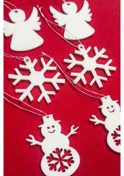 6'lı Beyaz Keçe Yılbaşı Ağacı Süsü - Kardan Adam, Kar Tanesi, Melek Figürleri, Gümüş Ipli indirimleri