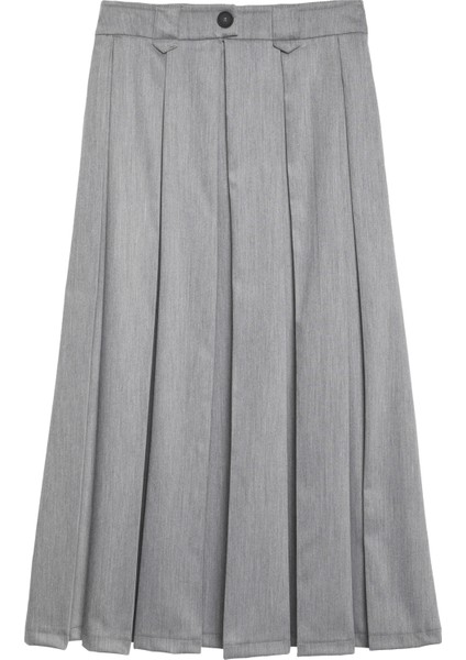 Pile Detaylı Midi Etek Gri