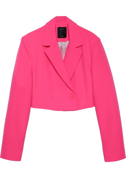 Kruvaze Crop Blazer Ceket Neon Pembe