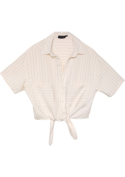Çizgi Detaylı Bağlamalı Gömlek Ekru