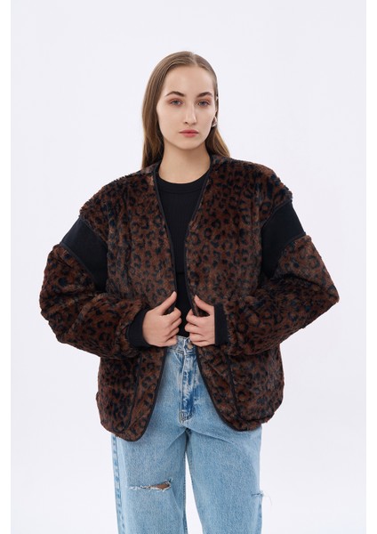 Leopar Desenli Peluş Kısa Mont Kahverengi