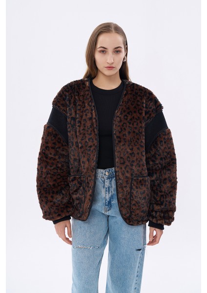 Leopar Desenli Peluş Kısa Mont Kahverengi modelleri