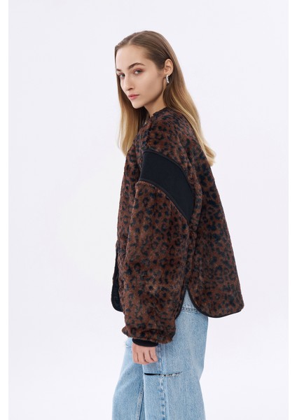 Leopar Desenli Peluş Kısa Mont Kahverengi fırsatları