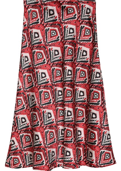 Renkli Desenli Saten Midi Etek Kırmızı